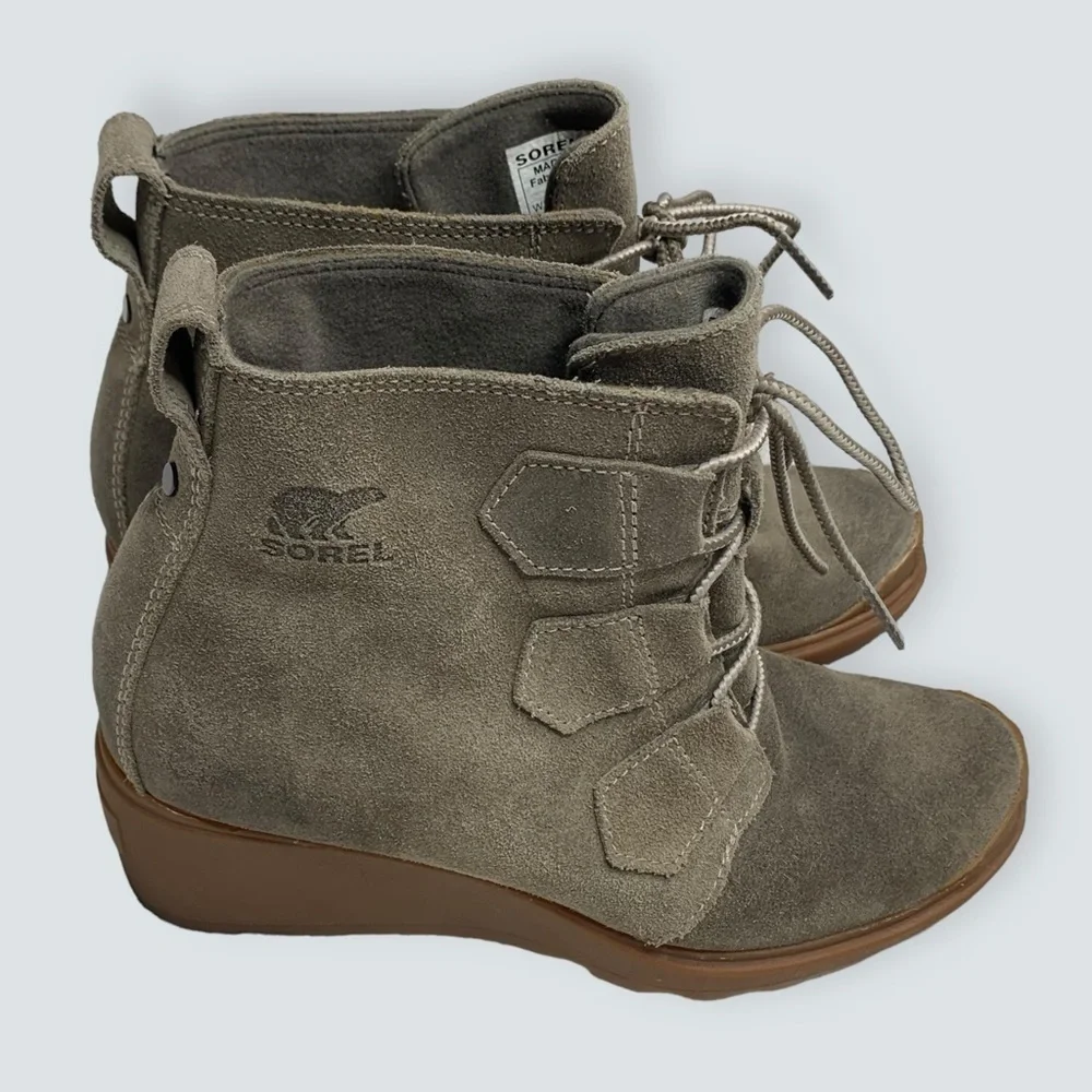Sorel Wedges in Taupe Suede with Gum Soles